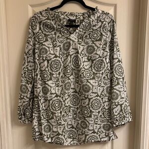 Talbots Olive and White Floral Blouse
